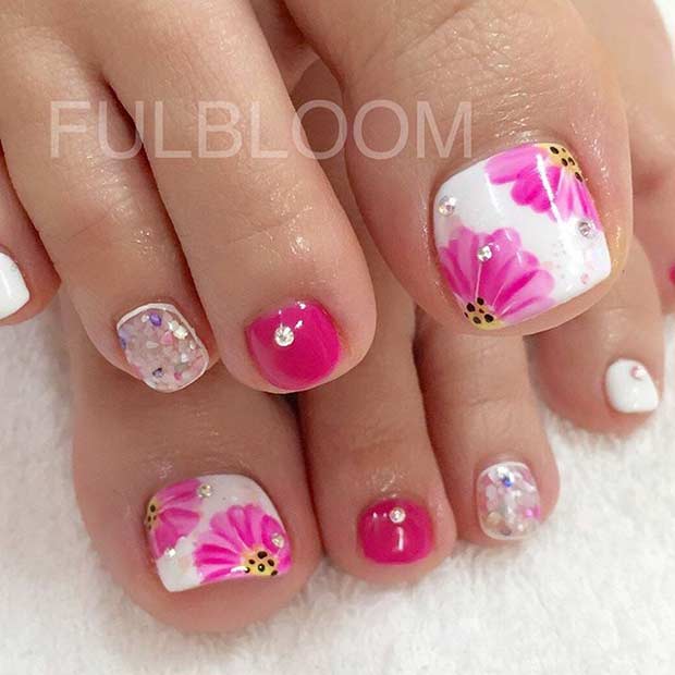 Pink Flower Toe Nail Art Design for Spring