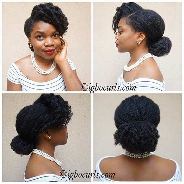 Low Bun Updo with Curly Bangs for Black Women