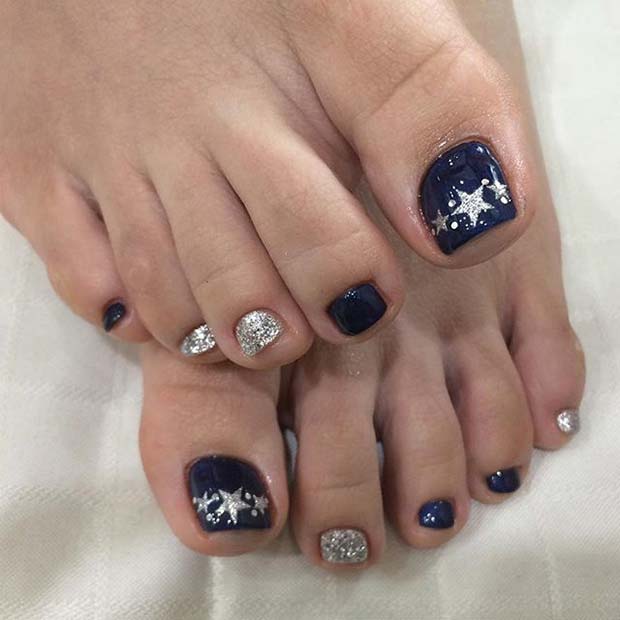 Navy Blue and Silver Star Toe Nail Design
