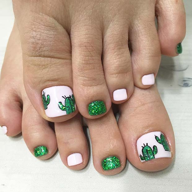 Cute and Cool Cactus Toe Nail Design for Spring and Summer