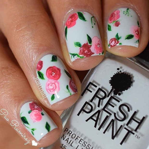 White Nails with Rosy Flower Nail Art for Spring 2017
