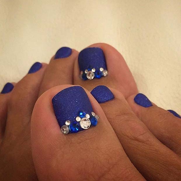 Matte Navy Blue Toe Nail Design with Rhinestones