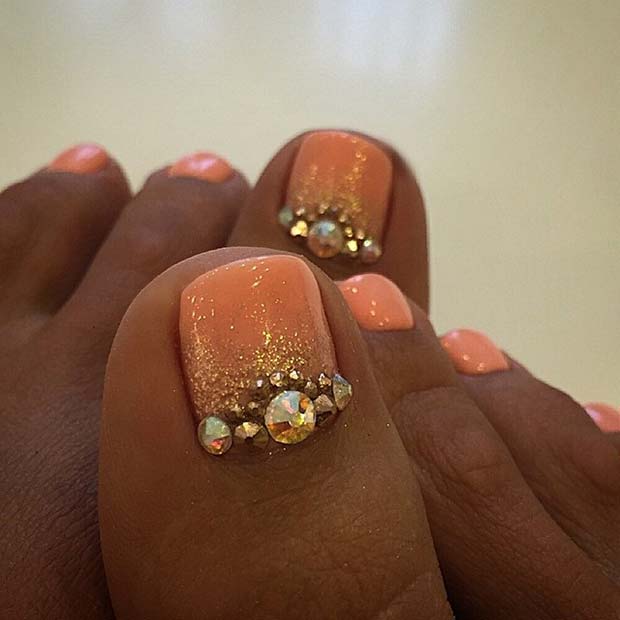 Orange Toe Nail Design with Rhinestones