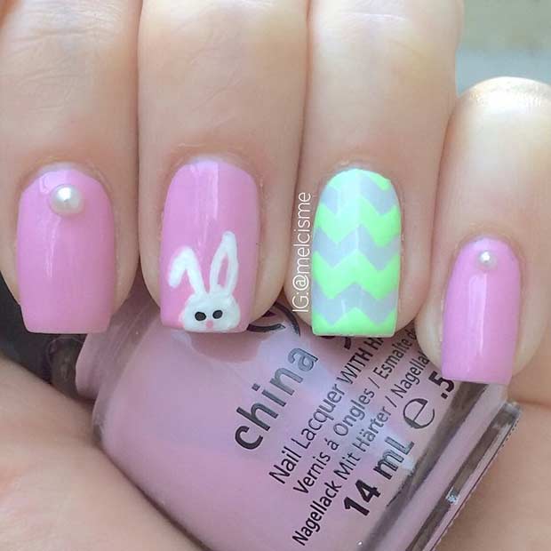 Pink and Green Bunny Easter Nails