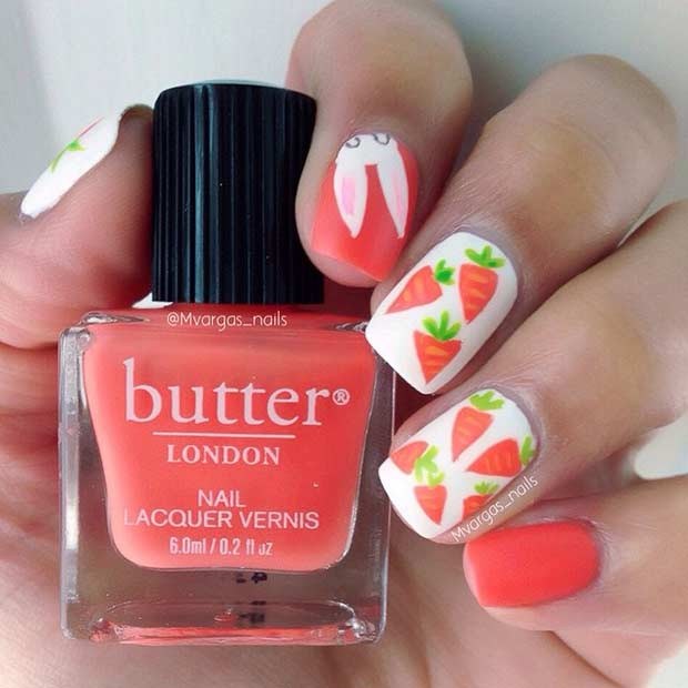 Bright Red Easter Nail Design with Carrots