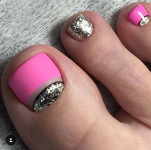 Matte Pink and Glitter Toe Nail Design for Spring and Summer