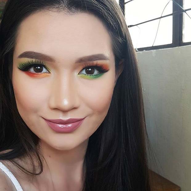 Green, Yellow and Orange Eye Shadow Makeup Idea for Spring