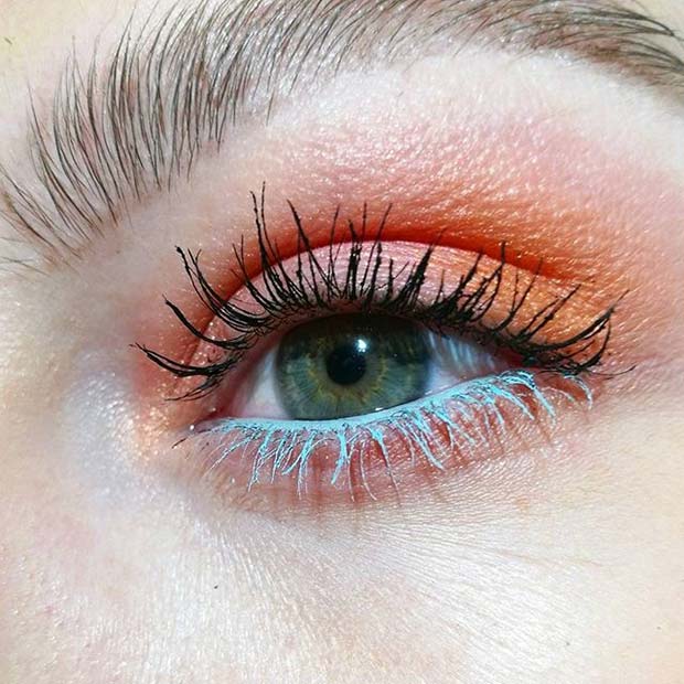 Bold Orange Eye Shadow and Blue Mascara Makeup Idea for Spring 