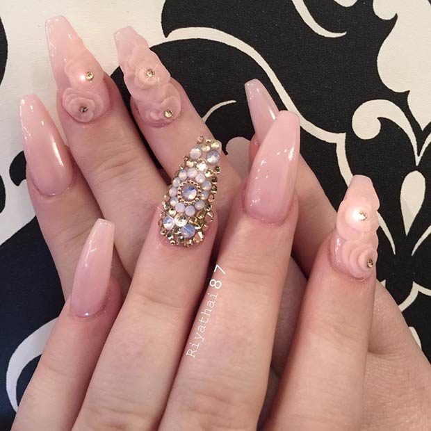 All pink Floral Coffin Nails with Rhinestones