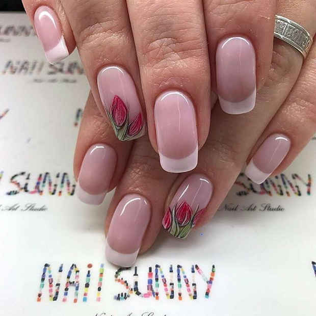 Clear Manicured Nails With Tulip Design for Spring 2017