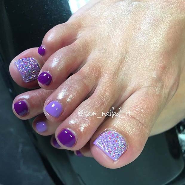 Easy Purple Glittery Toe Nail Design