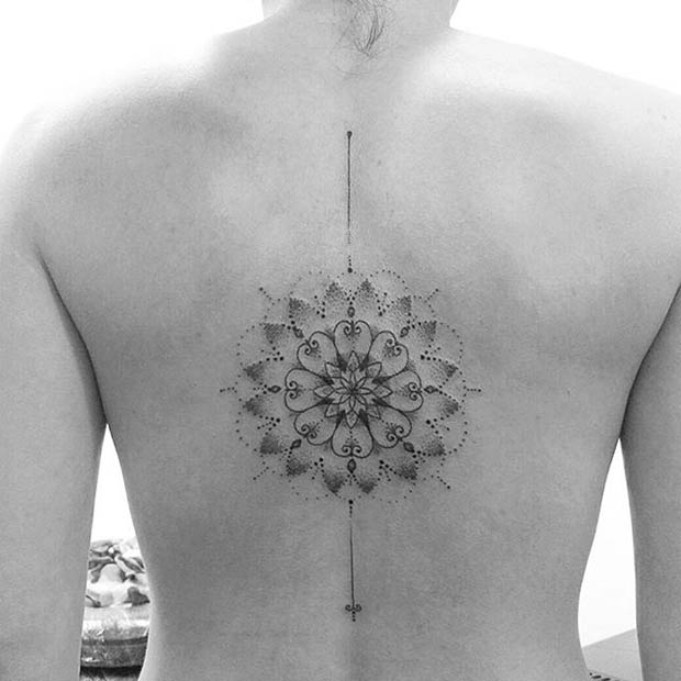 Women's Delicate Mandala Back Tattoo Idea