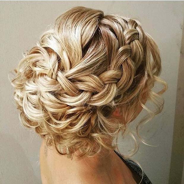 Blonde Braided Updo with Loose Curls for Prom