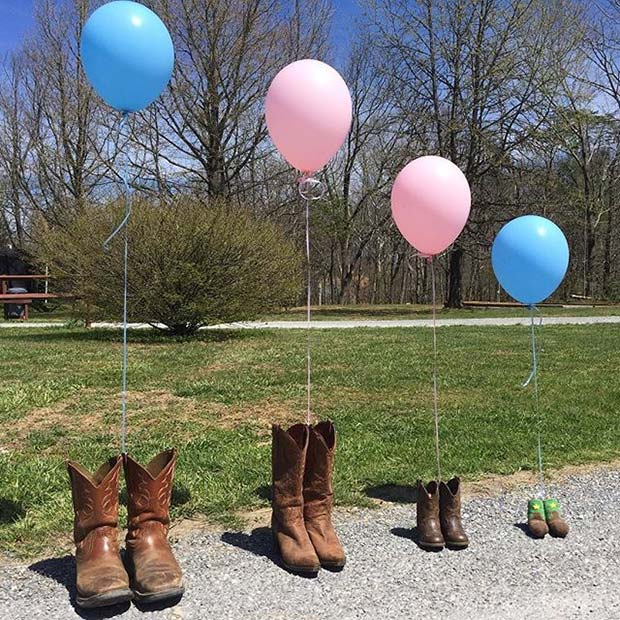 Family Shoes With Colored Balloons for Gender Reveal Idea