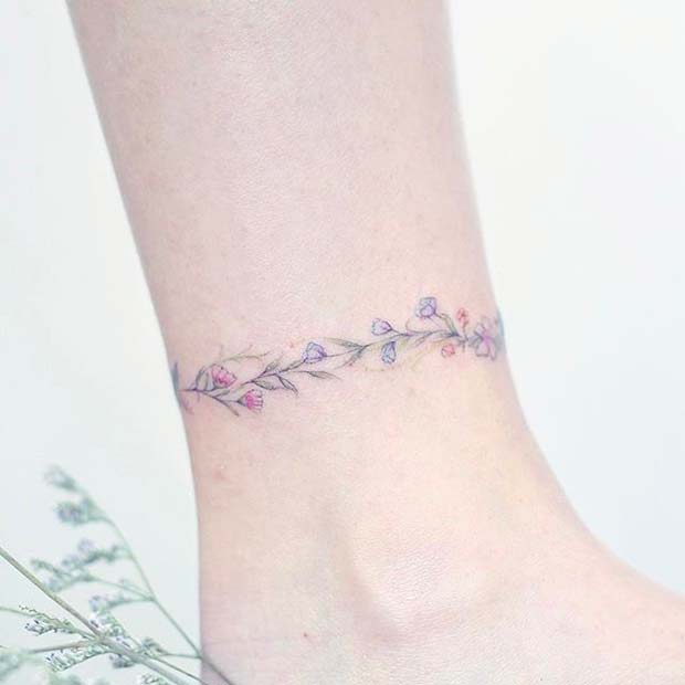 Small Floral Anklet Tattoo Idea for Women