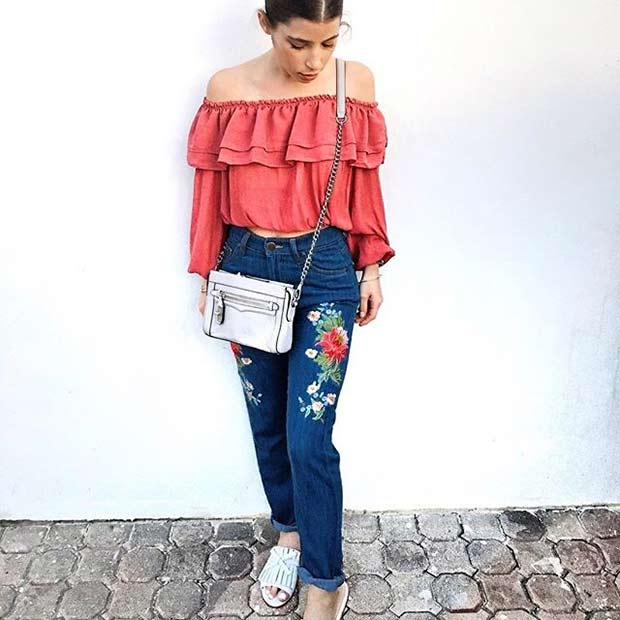 Embroidered Jeans with Ruffle Top