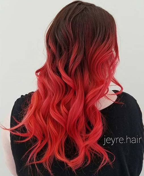 Bold Coral, Red and Orange Tone Ombre for Brunettes