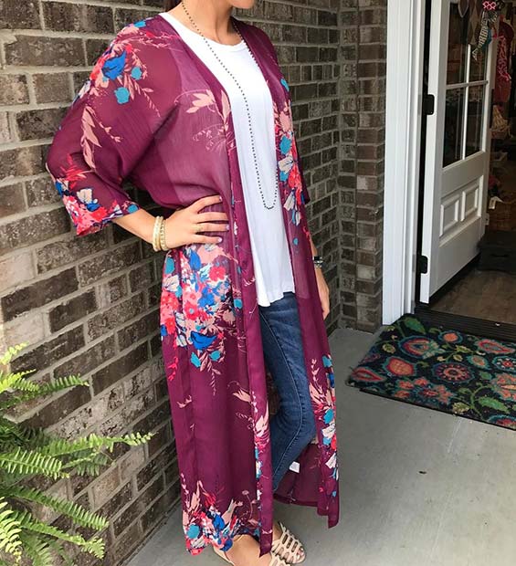 Floral Kimono and Jeans Outfit Idea for Summer 