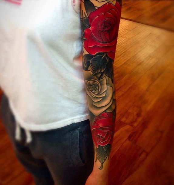 Red and Black Ink Rose Sleeve Tattoo Idea