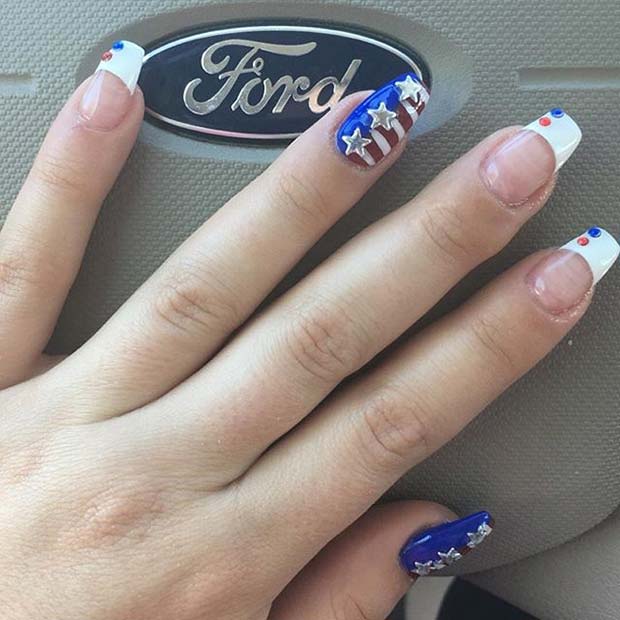 French Manicure with American Flag Accent Nails for 4th of July Nail Design Idea