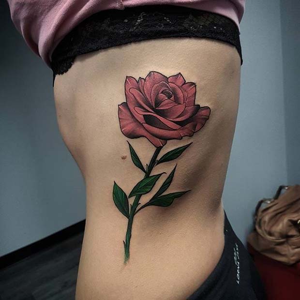 Single Red Rose Rib Tattoo Idea
