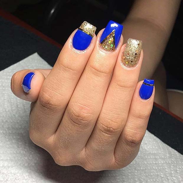 Blue Manicure with Different Gold Glitter Designs for Glitter Nail Design Ideas