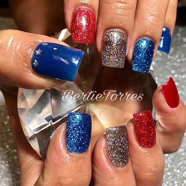Red, White and Blue Glitter for 4th July Nail Design Idea