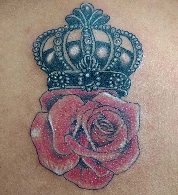 Red Rose and Black Ink Crown Tattoo Idea for Women