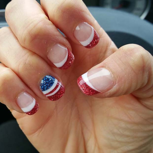 Red Glitter French Manicure with Flag Accent Nail for 4th of July