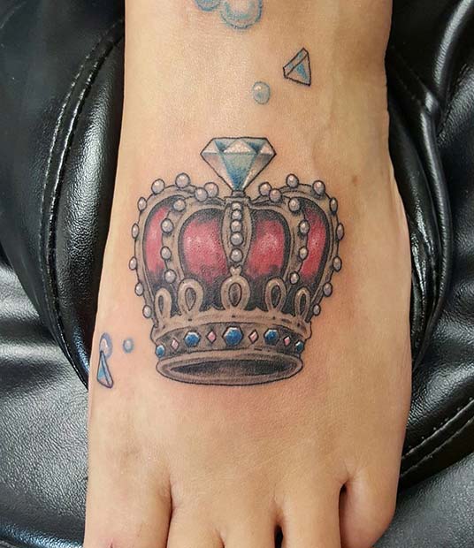 Diamond and Crown Foot Tattoo Idea for Women