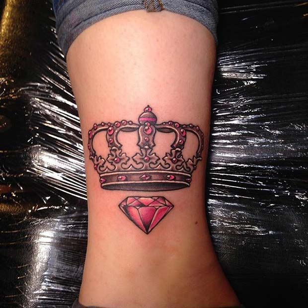 Pink Crown and Diamond Design for Crown Tattoo Idea for Women