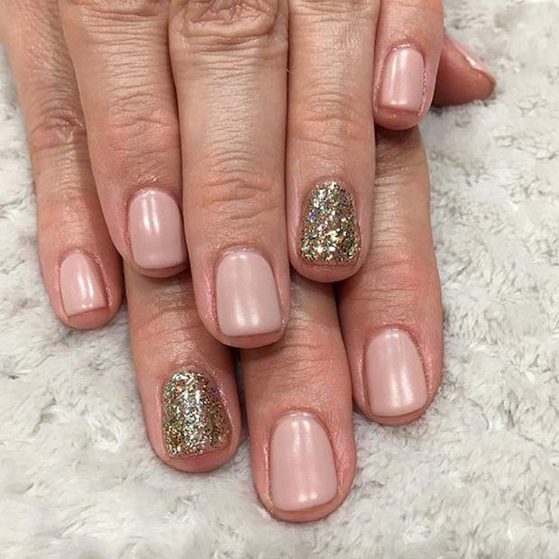 Pink Manicure with Gold Glitter Accent Nail for Glitter Nail Design Idea