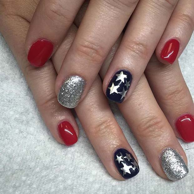 Cute Star and Glitter Accent Nails for 4th July Nail Art Design Idea