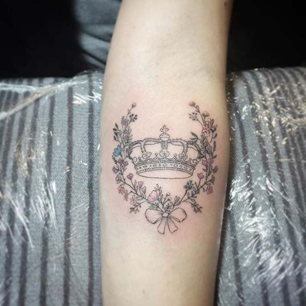 Pretty Floral Crown Tattoo Idea for Women