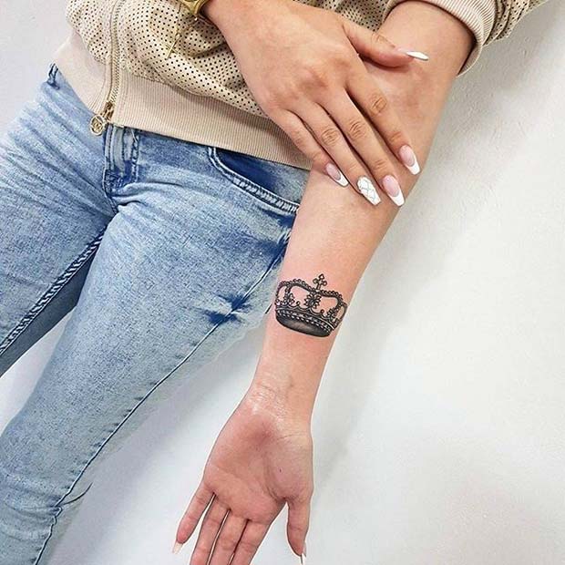 Trendy Crown Arm Tattoo Idea for Women
