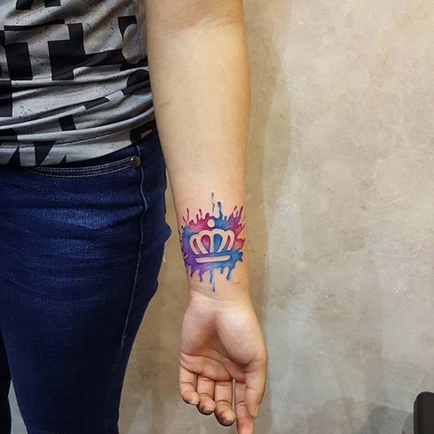 Bright Water Color Ink Crown Tattoo Design for Women