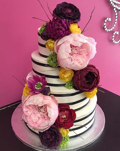 Striped Cake with Bright Blooms for Summer Wedding Cakes