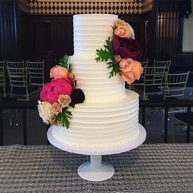Classic White Multi Tier Cake with Bright Florals for Summer Wedding Cakes