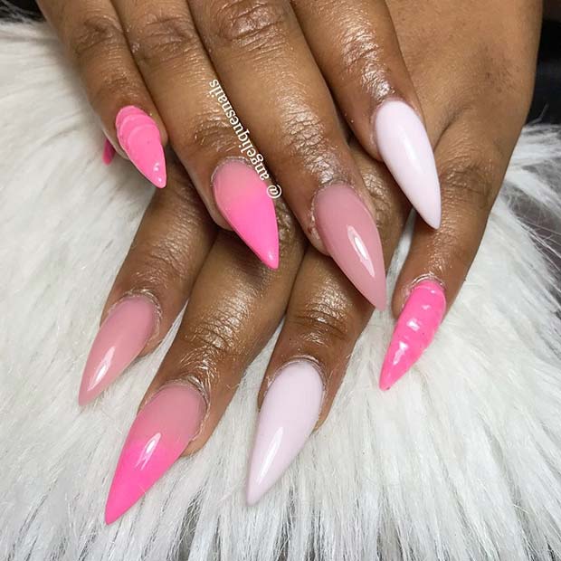 Stylish Pink and White Pointy Nails