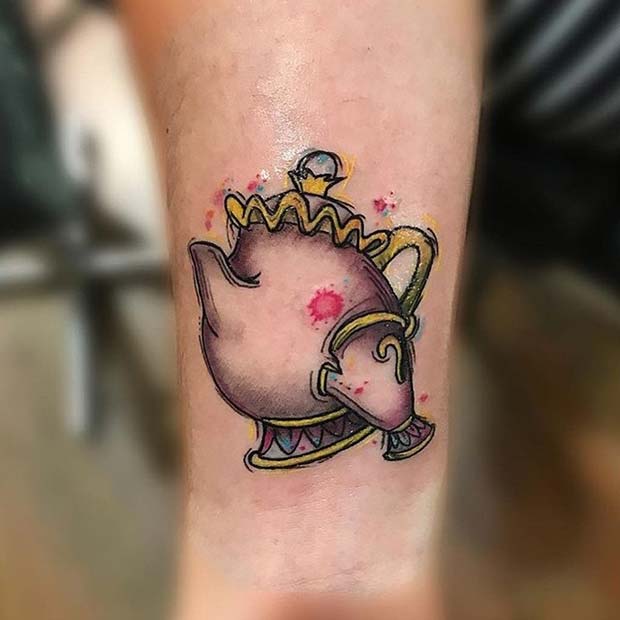 Mrs Potts and chip tattoo on the shoulder blade some
