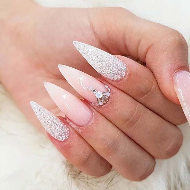 Nude and Silver Glitter Pointy Nails