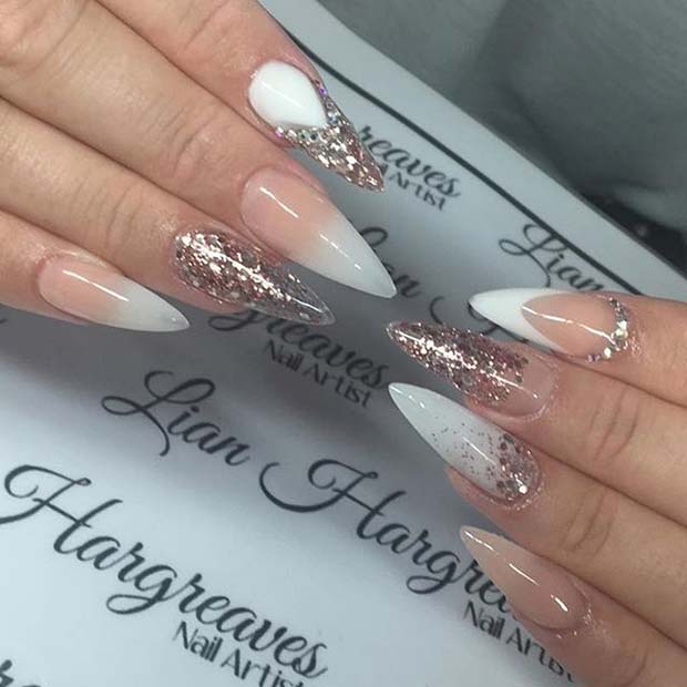 White and Gold Glitter Pointy Nails