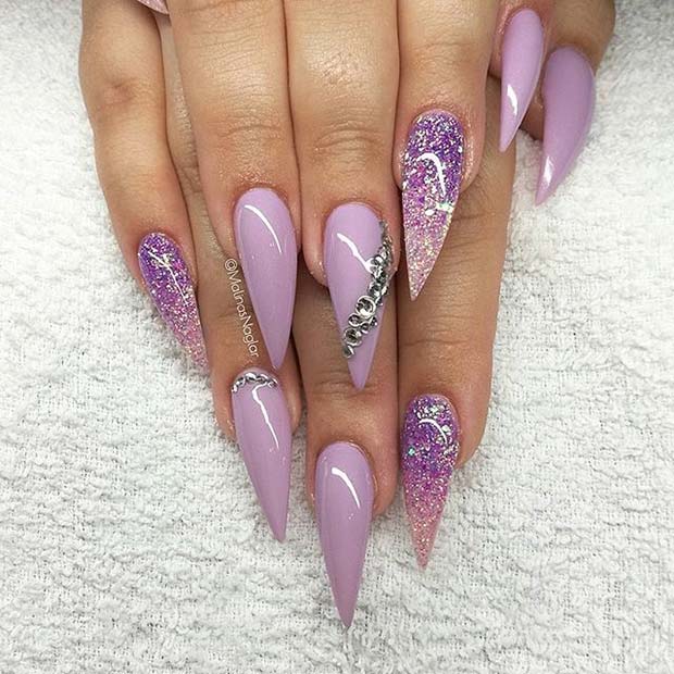 Purple Glitter Pointy Nails