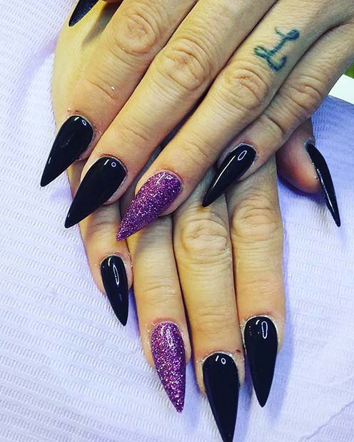 Black Pointy Nails with Purple Glitter Accent Nail