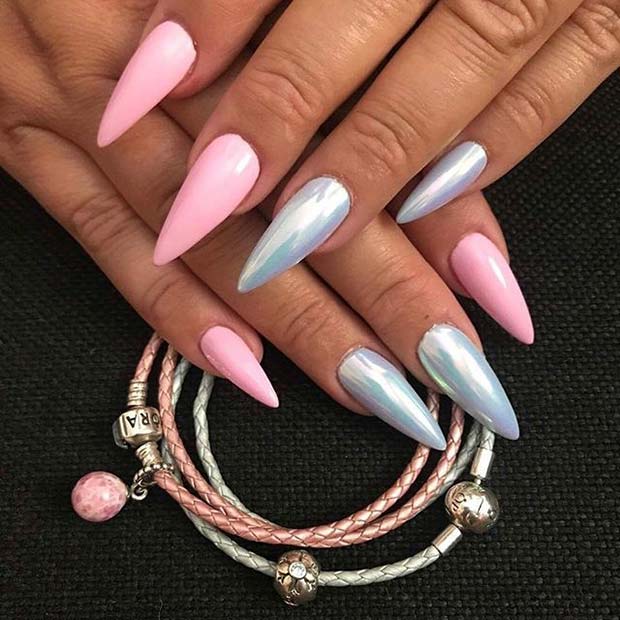 Girly, Pink and Silver Pointy Nails