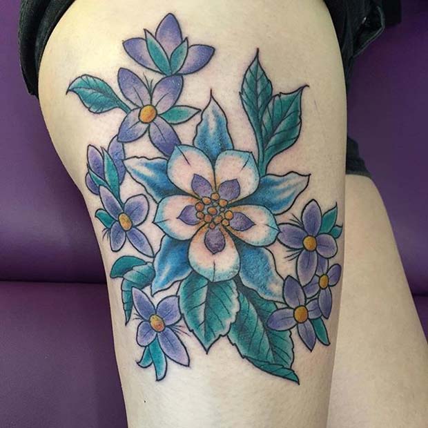 Vibrant Floral Thigh Tattoo for Flower Tattoo Ideas for Women 