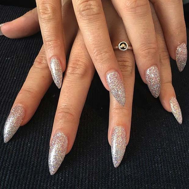 Pretty, Silver Glitter Pointy Nails