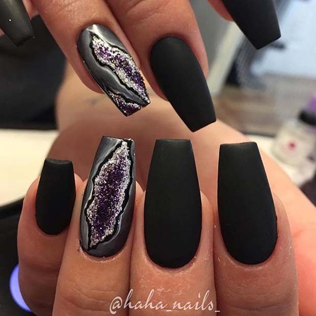Black Matte Nails with Geode Accent Nail for Matte Nail Designs for Fall 