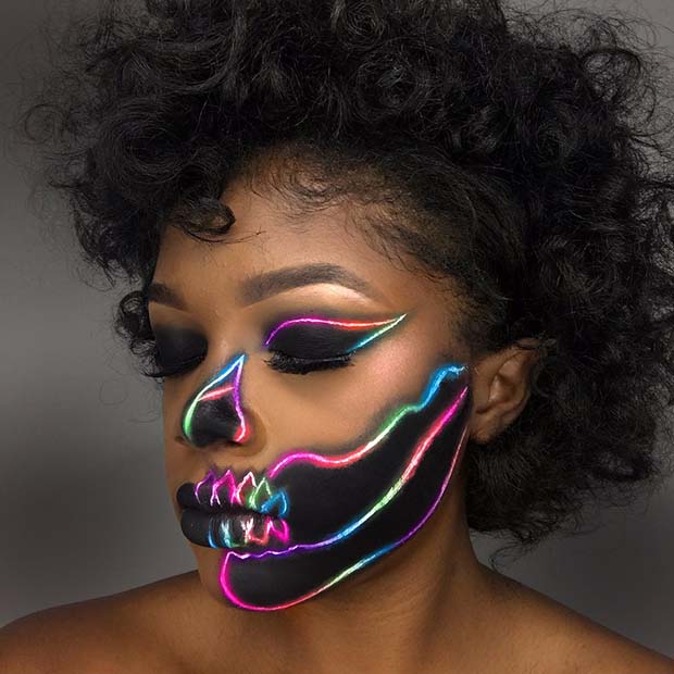 Black and Neon Skeleton Halloween Makeup Idea