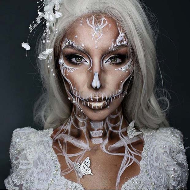 White and Pearl Skeleton Makeup for Pretty Halloween Makeup Ideas